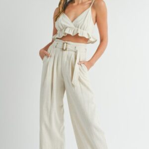 RUFFLE HEM CAMI TOP AND BELTED PAPER BAG PANTS SET