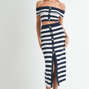 Knit Stripe Off Shoulder Crop Top And Skirt Set