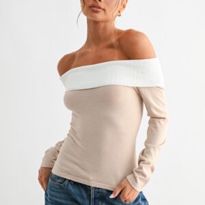 Two-tone Off-shoulder Knit Top Beige/White