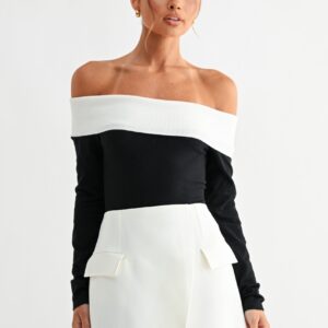 Two-tone Off-shoulder Knit Top Black/White