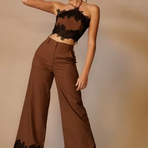 Lace Trim Hem Wide-leg Trouser Pants
