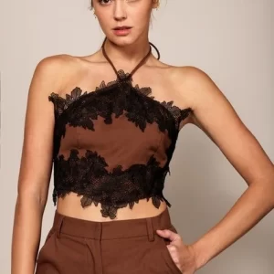 Halter Crop Top Whit Lace Trim Detail Whit Back Smocking and Zipper