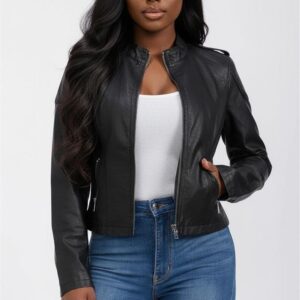 Zipper Closure Front Pockets Pu Pleather Jacket