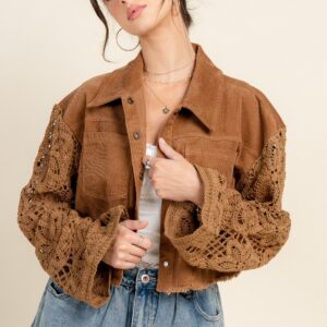 Cropped Button Down Jacket W/ Crochet Details
