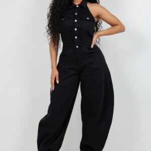 Halter Neck Button-down Wide Leg Jumpsuit