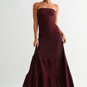 Scallop Trim Strapless Pleated Dress Cherry