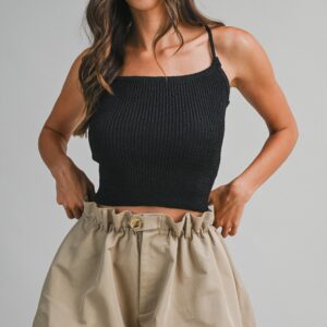 Ribbed Knit Cami Top With Criss Cross Tie Back Black