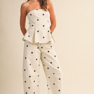 POLKA DOT PLEATED STRAPLESS TOP AND BARREL PANTS