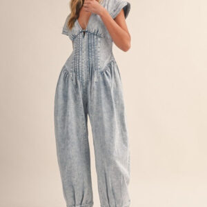 DENIM SHORT SLEEVE PINTUCKED WAIST BARREL JUMPSUIT