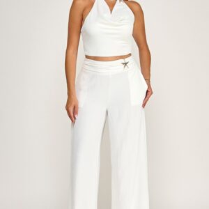 Trim Detail Draped Neck Halter Top with Wide Leg Pants Set
