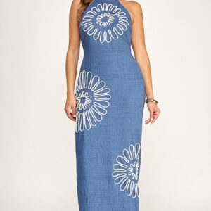 Blue Halter Neck Contrast Flower Embroidery Detail Maxi Dress