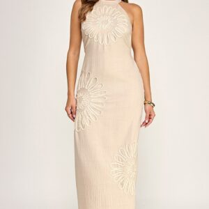 Natural Halter Neck Contrast Flower Embroidery Detail Maxi Dress