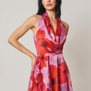 Tropical Floral Draped Halter Neck Mini Dress