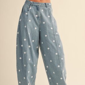 Polkadot Denim Mid Waist Barrel Pants