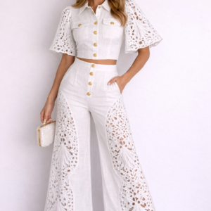 Ivory two-piece lace pants set with cropped shirt and wide-leg pants – KR Boutique