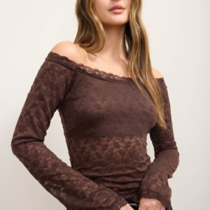 Brown off shoulder lace long sleeve knit top for women – KR Boutique