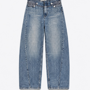 Blue mid rise barrel jeans with vintage wash and double side button detail ā KR Boutique