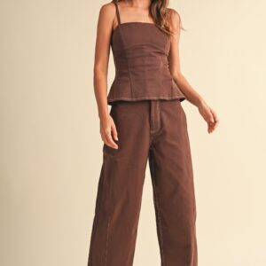 Cocoa Sculpt Peplum Top & Barrel Pants Set ā Brown