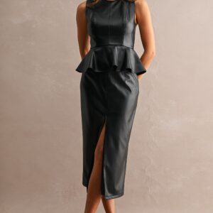 Faux Leather Sleeveless Peplum Top And Midi Skirt Set