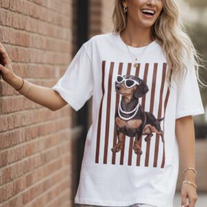 Pearls & Paws Dachshund Oversized Graphic Tee – White