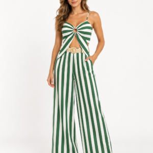 Model wearing a green and ivory striped pants set with a ring-front top and wide-leg trousers