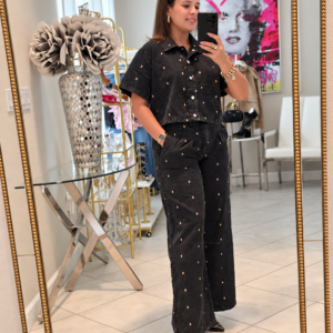 Beige Polka Dot Denim Set – Black